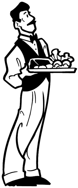 Waiter with serving tray of food vinyl sticker. Customize on line. Restaurants Bars Hotels 079-0467